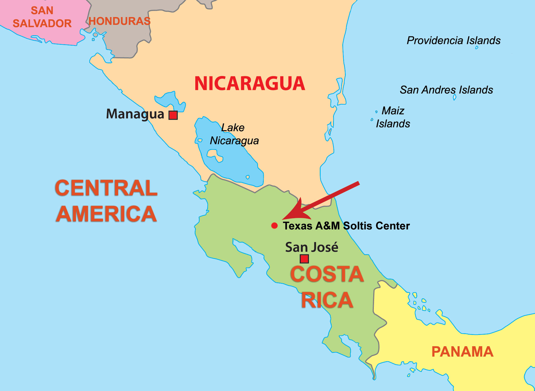 map of Central America with Texas A&M Soltis Center location identified